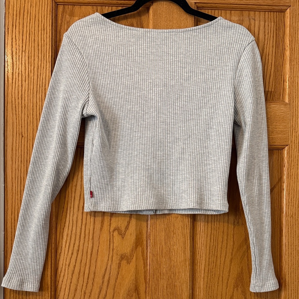 Gray Ribbed Button-Up Women's Top - Picture 3 of 3